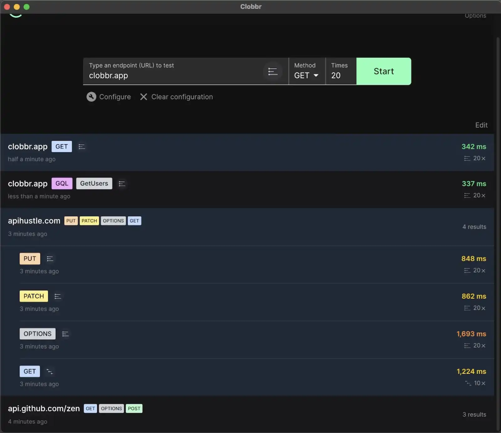 Screenshot of Clobbr making requests to multiple endpoints, with examples of GET, POST, PUT and GraphQL